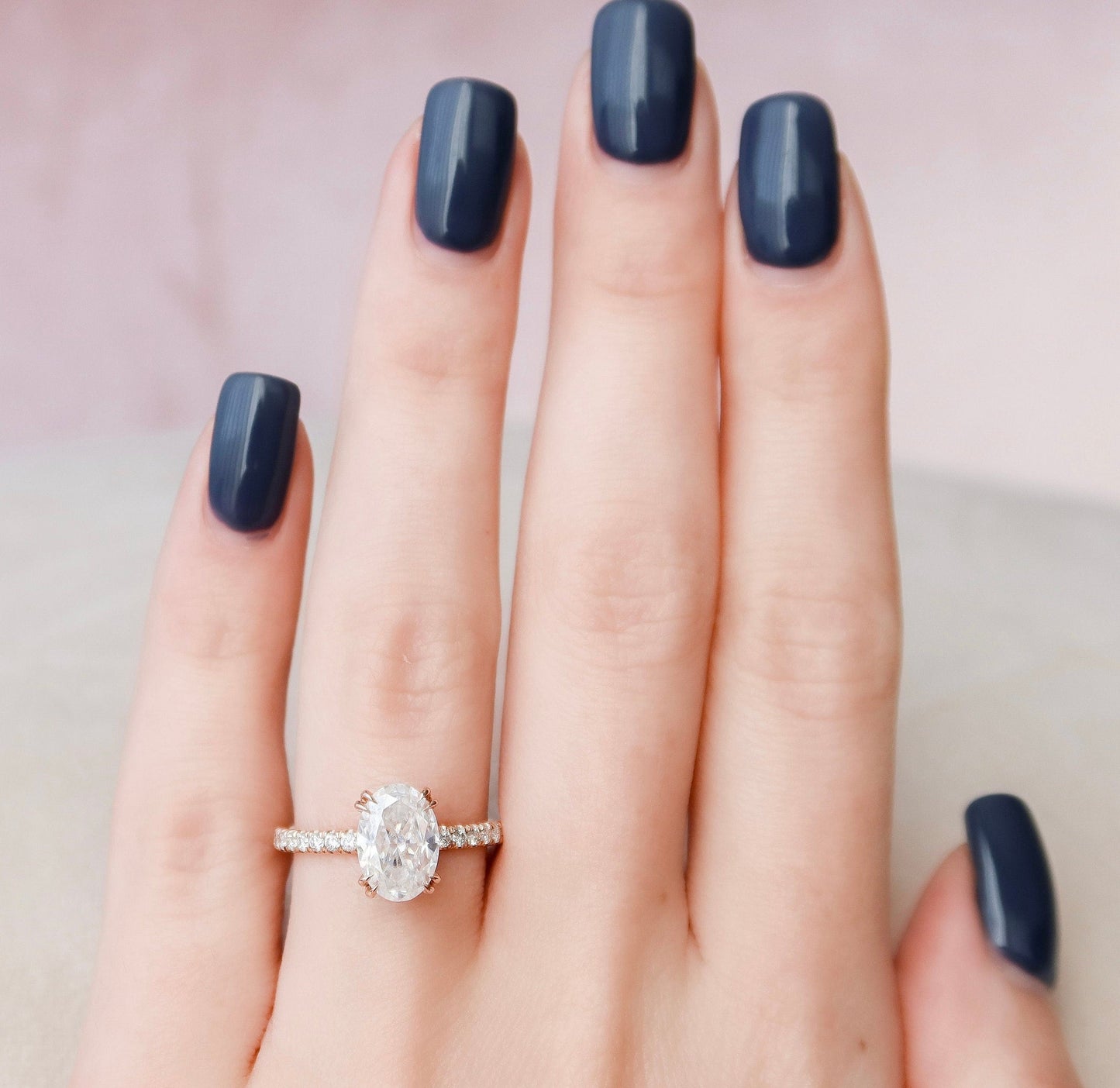 Double Prongs Oval Cut Moissanite Hidden Halo Bridal RIng