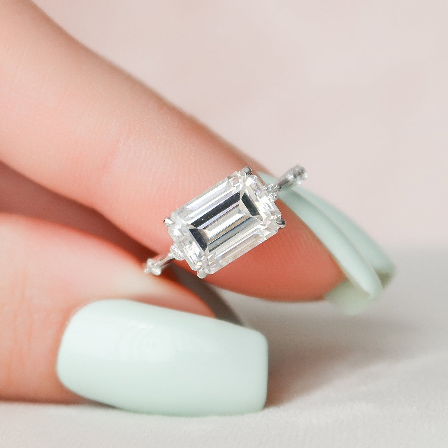 East-West Emerald Cut Moissanite Anniversary Ring For Her