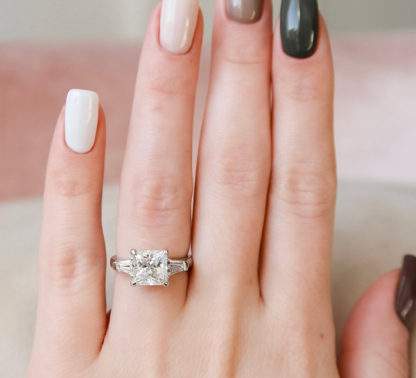 Three Stone Princess Cut Moissanite Engagment RIng For Her