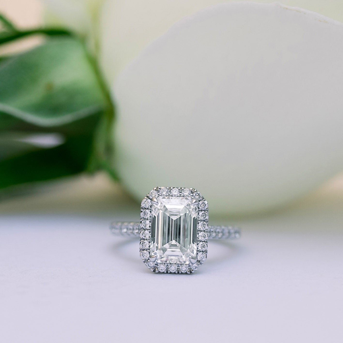 Halo Paved Emerald Cut Moissanite Anniversary RIng For Her