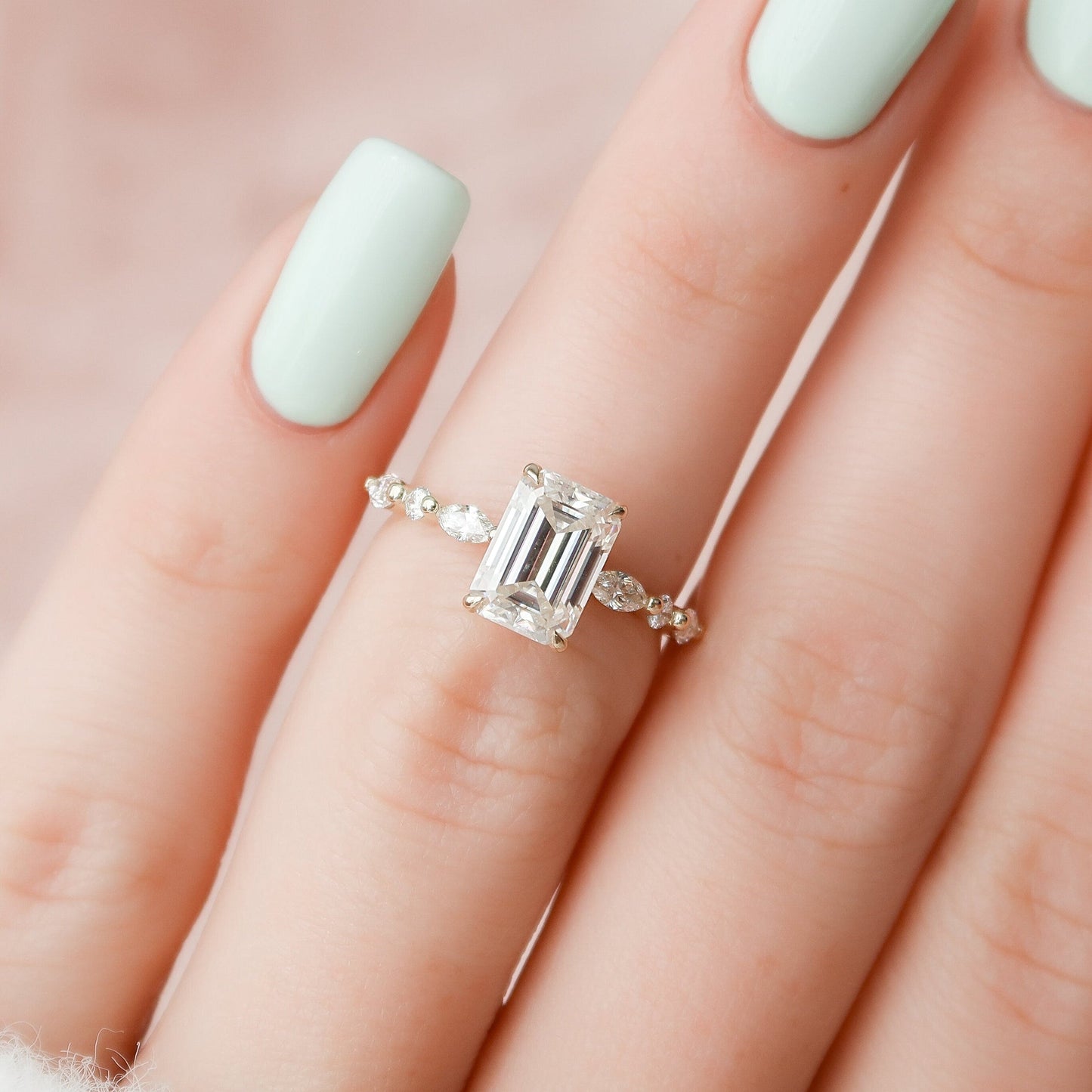 Hidden Halo Emerald Cut Moissanite Engagement Ring For Her