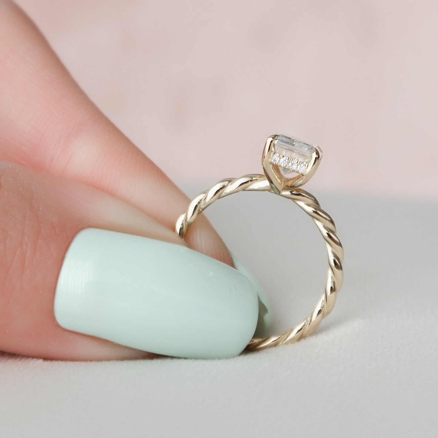 Solitaire Hidden Halo Emerald Cut Moissanite Braided Engagement Ring For Her