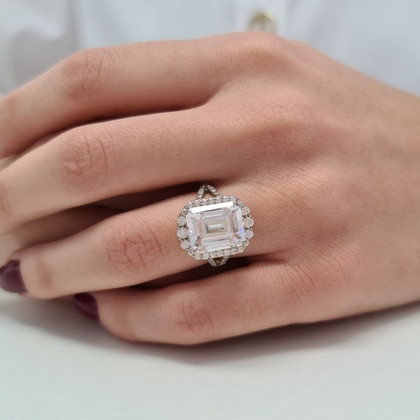 Halo Emerald Cut Moissanite Split Anniversary Ring For Her