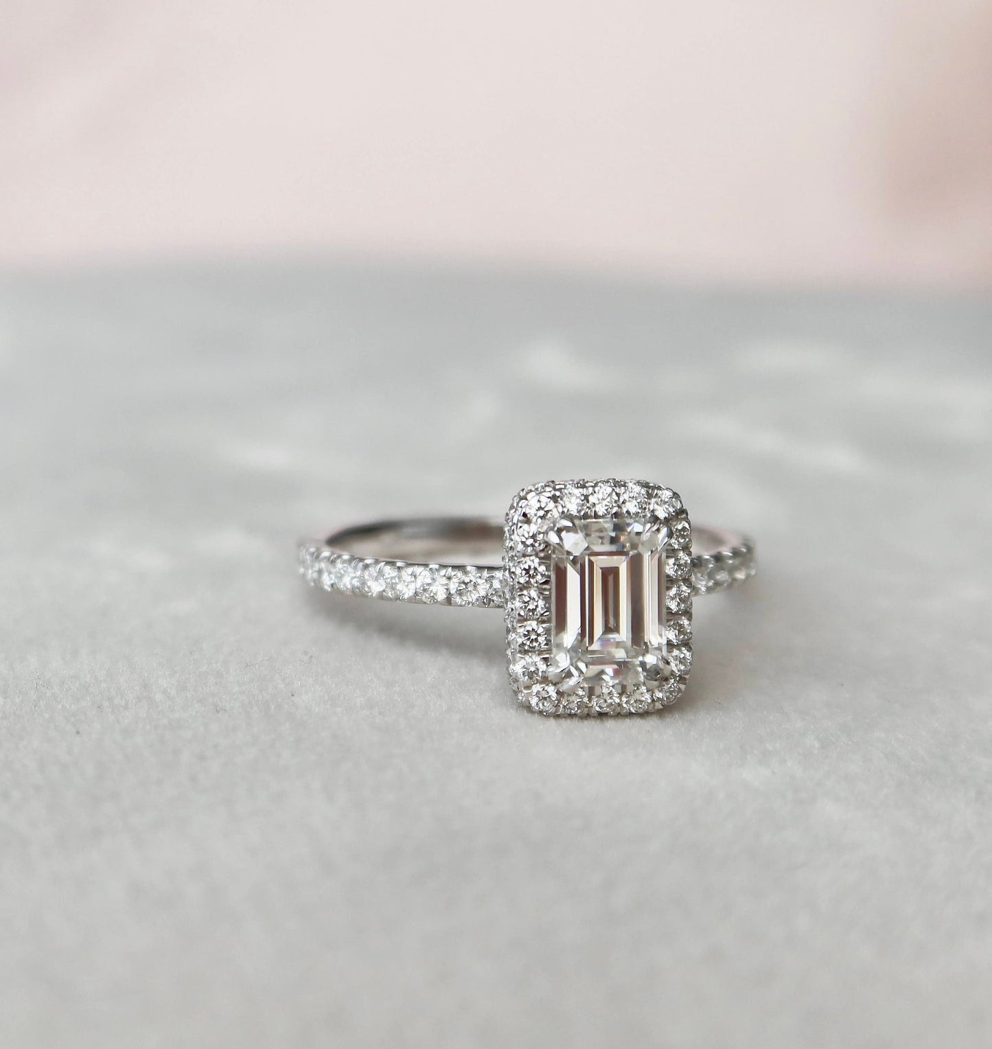 Unique Halo Emerald Cut Moissanite Engagement RIng For Her