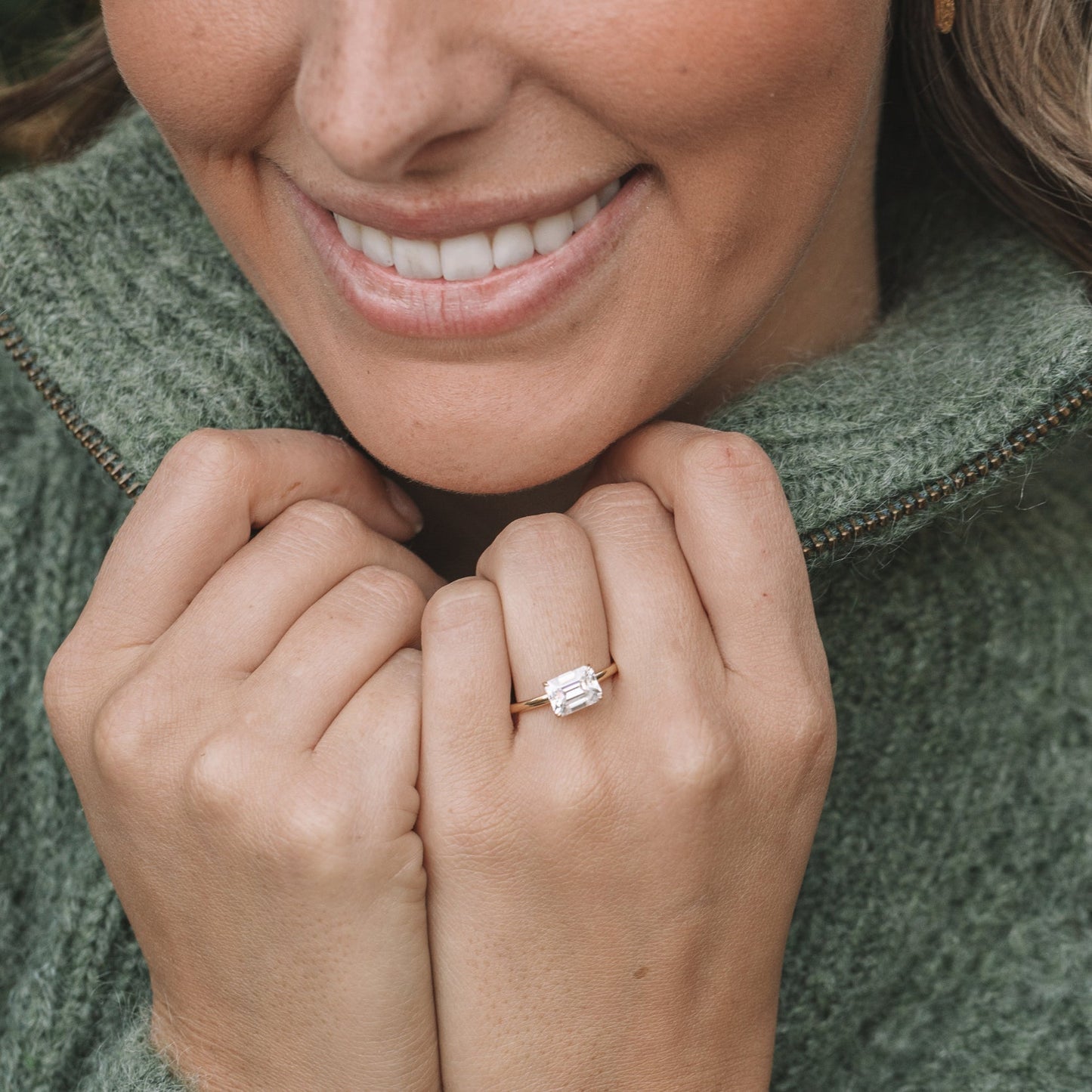 Solitaire East-West Emerald Cut Moissanite Engagement Ring For Her