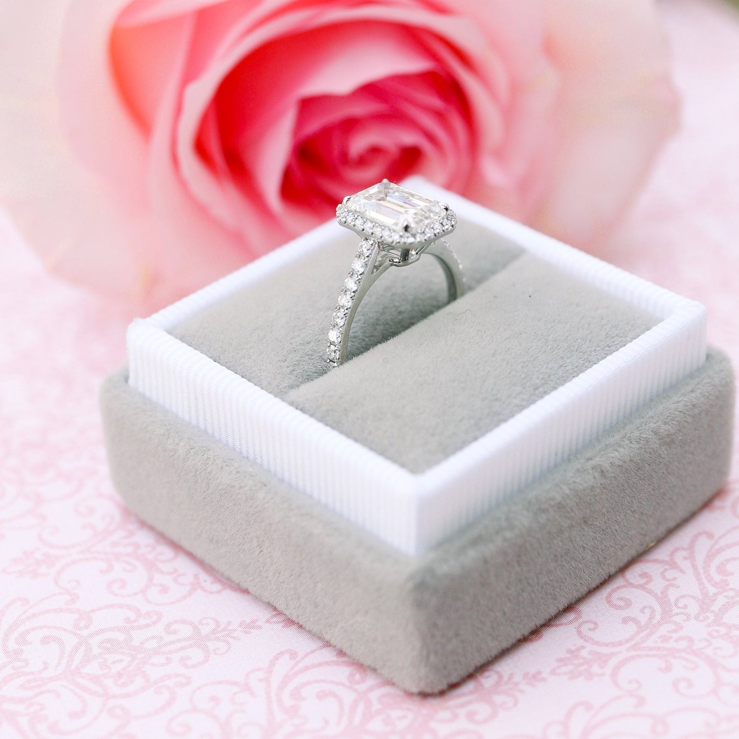 Halo Paved Emerald Cut Moissanite Anniversary RIng For Her