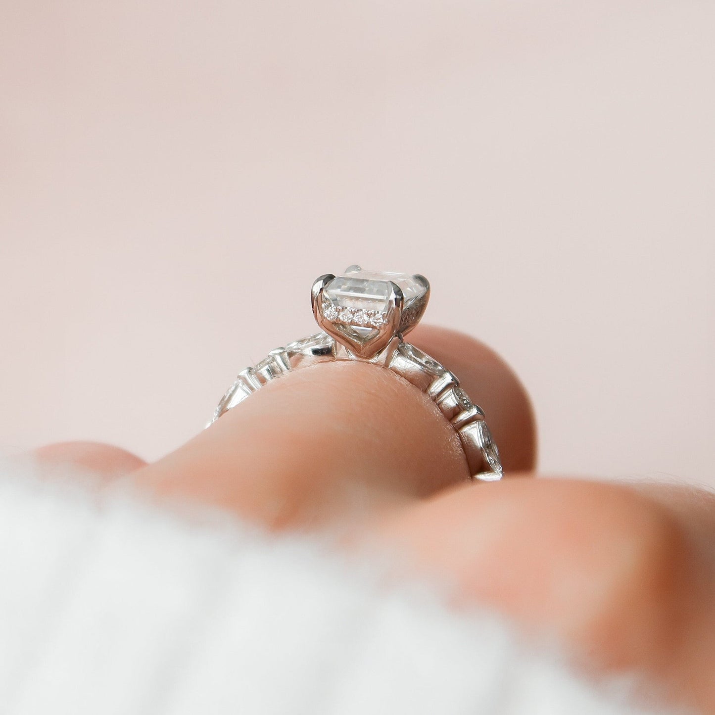 Hidden Halo Emerald Cut Moissanite Engagement Ring For Her