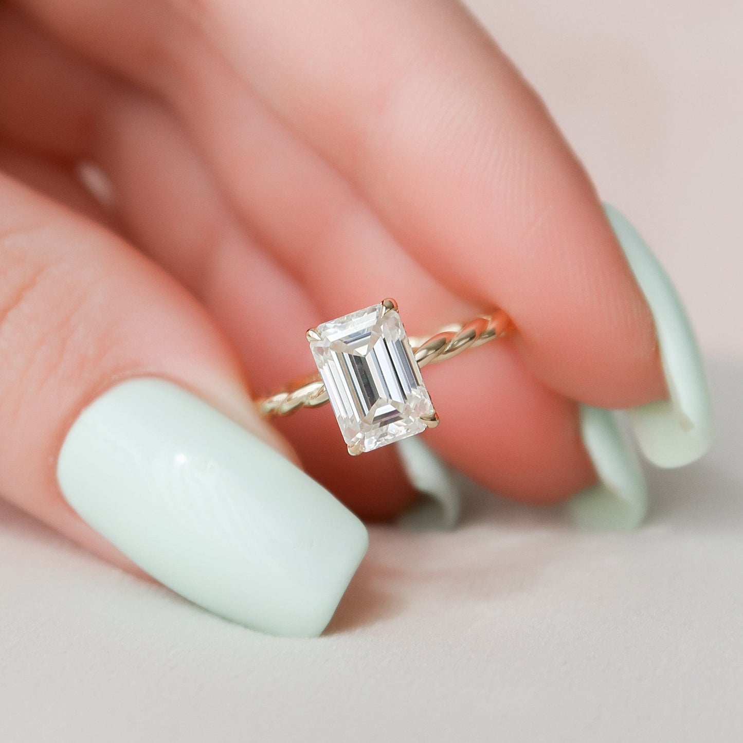 Solitaire Hidden Halo Emerald Cut Moissanite Braided Engagement Ring For Her
