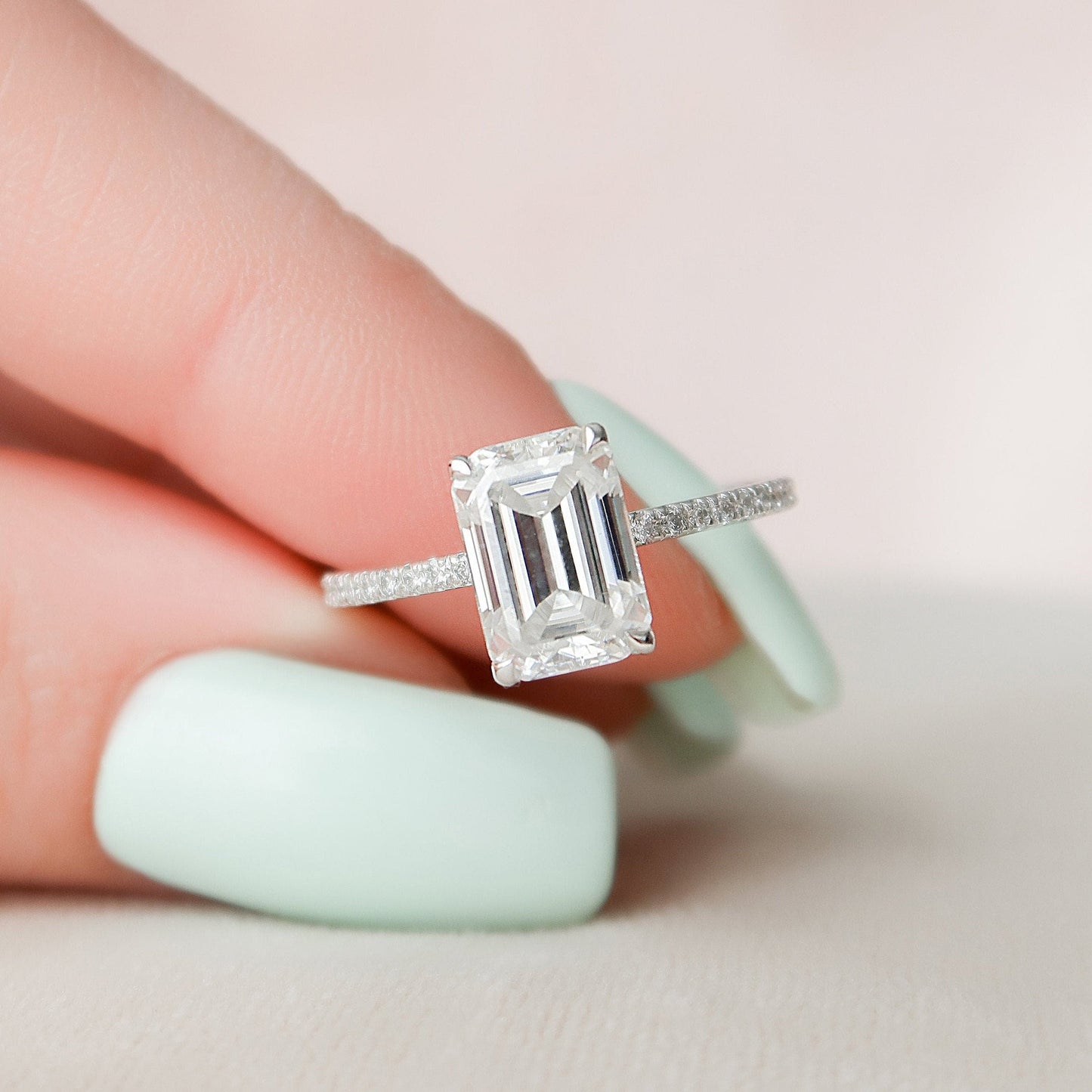 Hidden Halo Emerald Cut Moissanite Paved Engagement Ring
