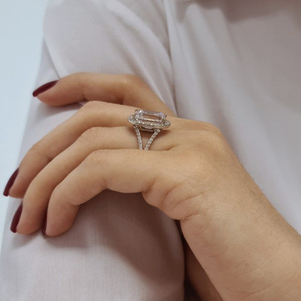 Halo Emerald Cut Moissanite Split Anniversary Ring For Her