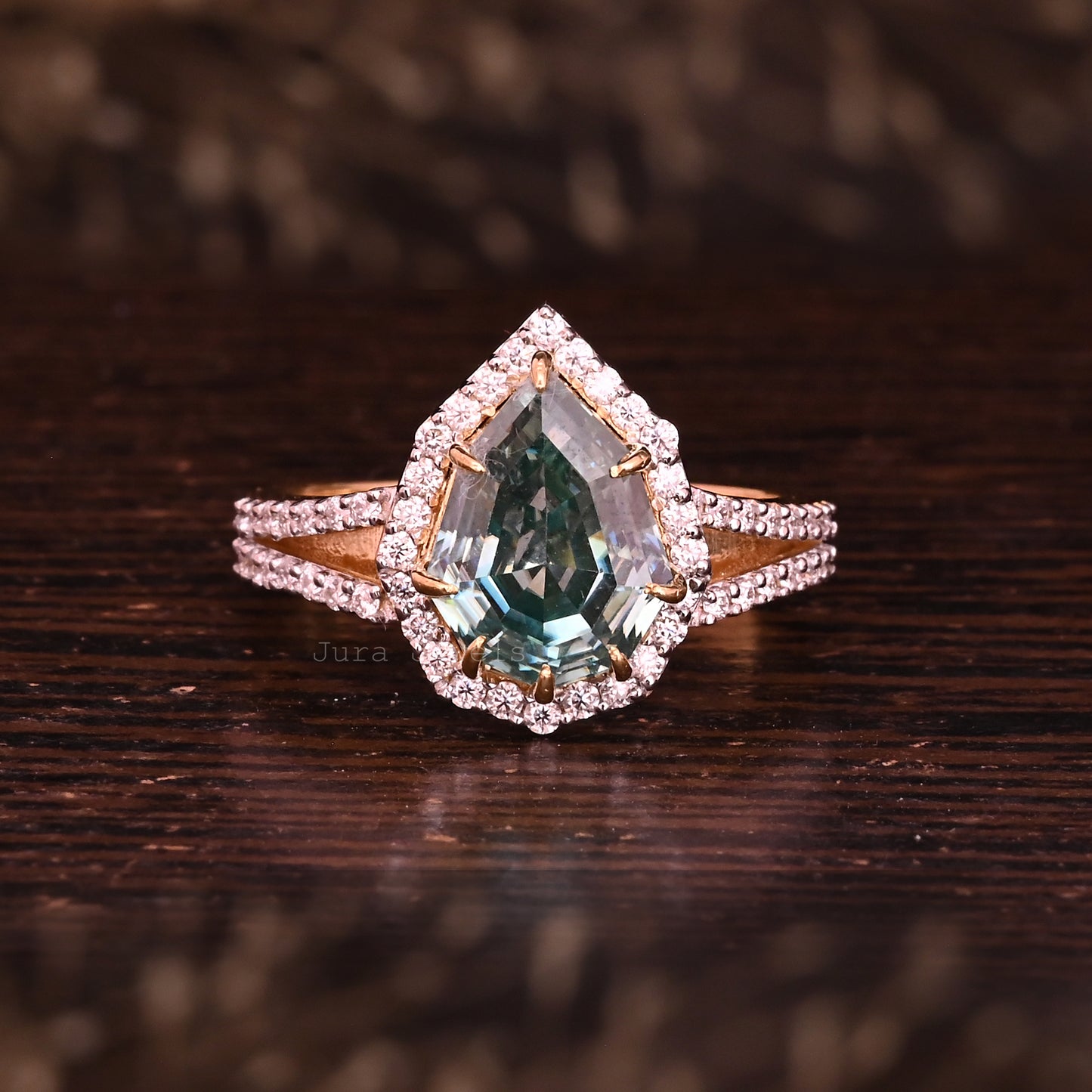 Elegance Halo Green Pear Step Cut Moissanite Split Wedding Ring