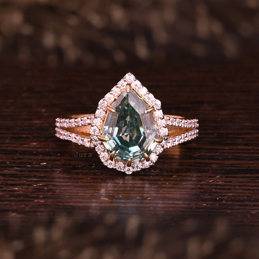 Elegance Halo Green Pear Step Cut Moissanite Split Wedding Ring