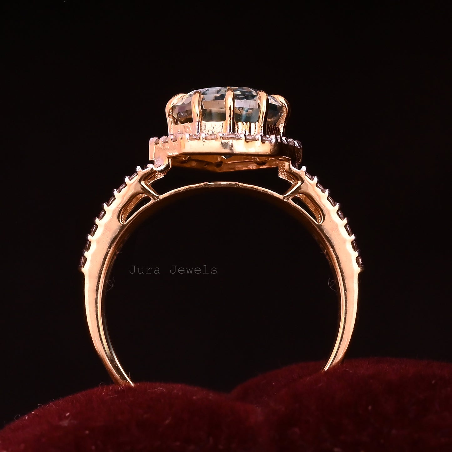 Elegance Halo Green Pear Step Cut Moissanite Split Wedding Ring