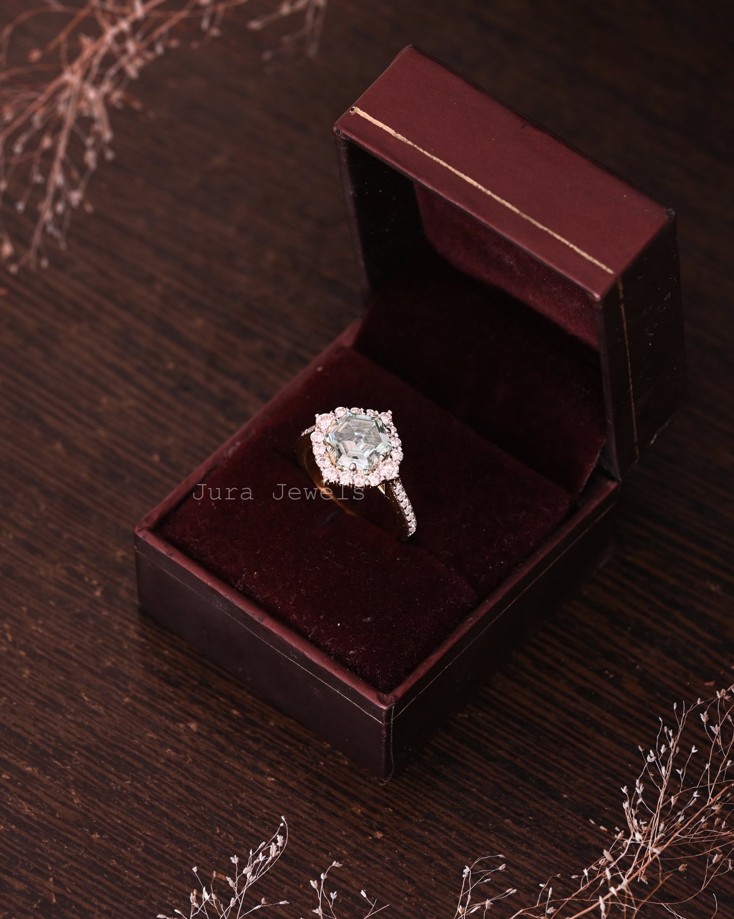 Halo Green Hexagon Cut Moissante Art Deco Wedding Band