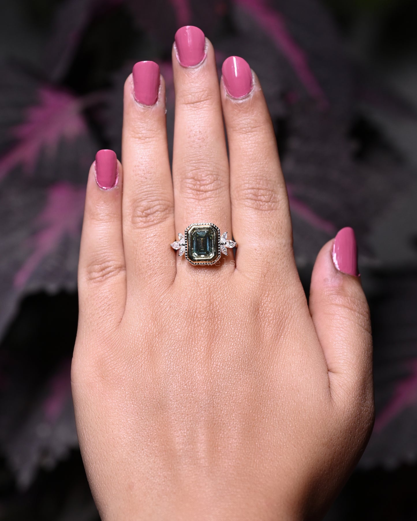 Bezel Green Emerald Cut Moissanite Engagement Ring