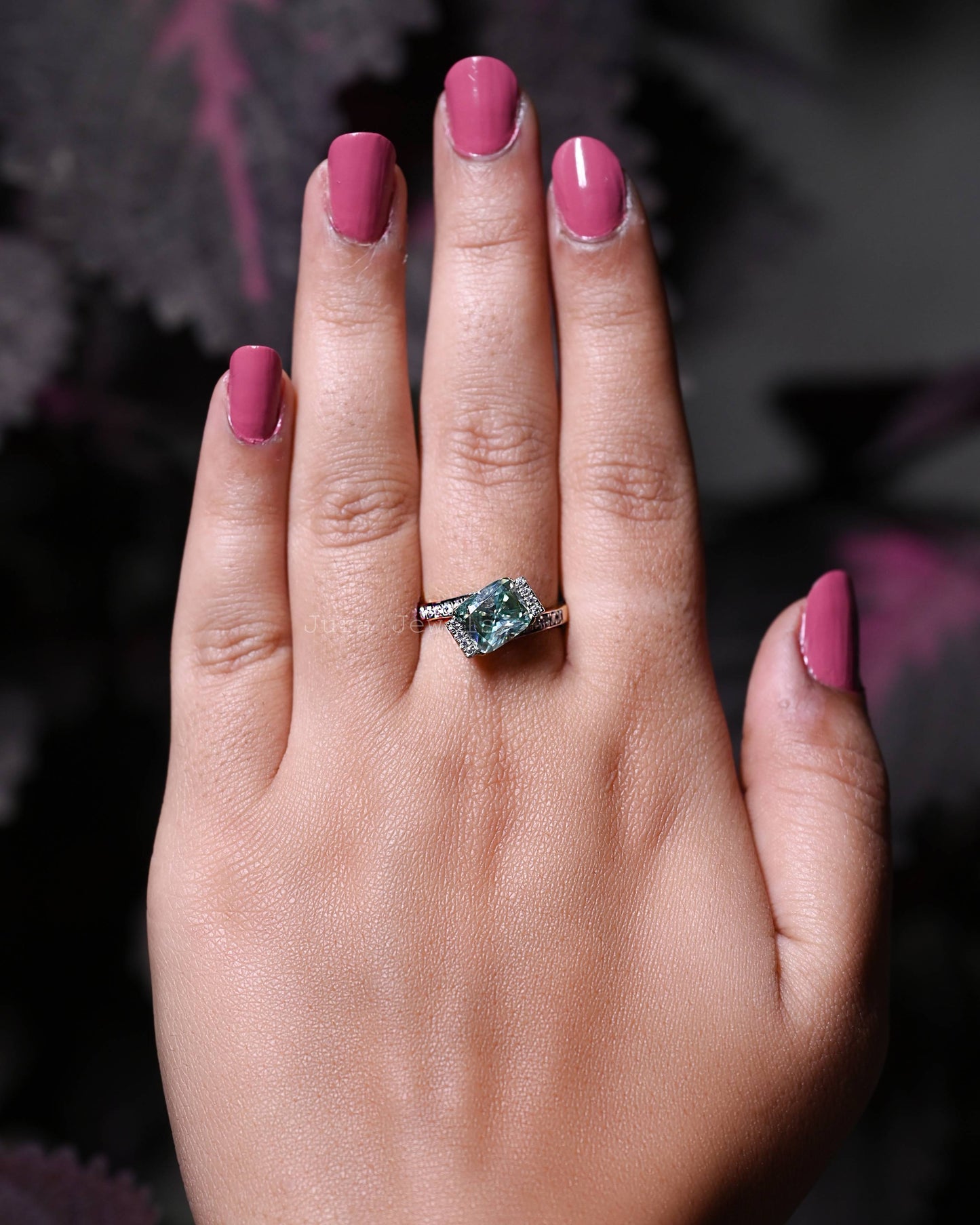 Stunning Bypass Vivid Green Radiant Cut Engagement Ring