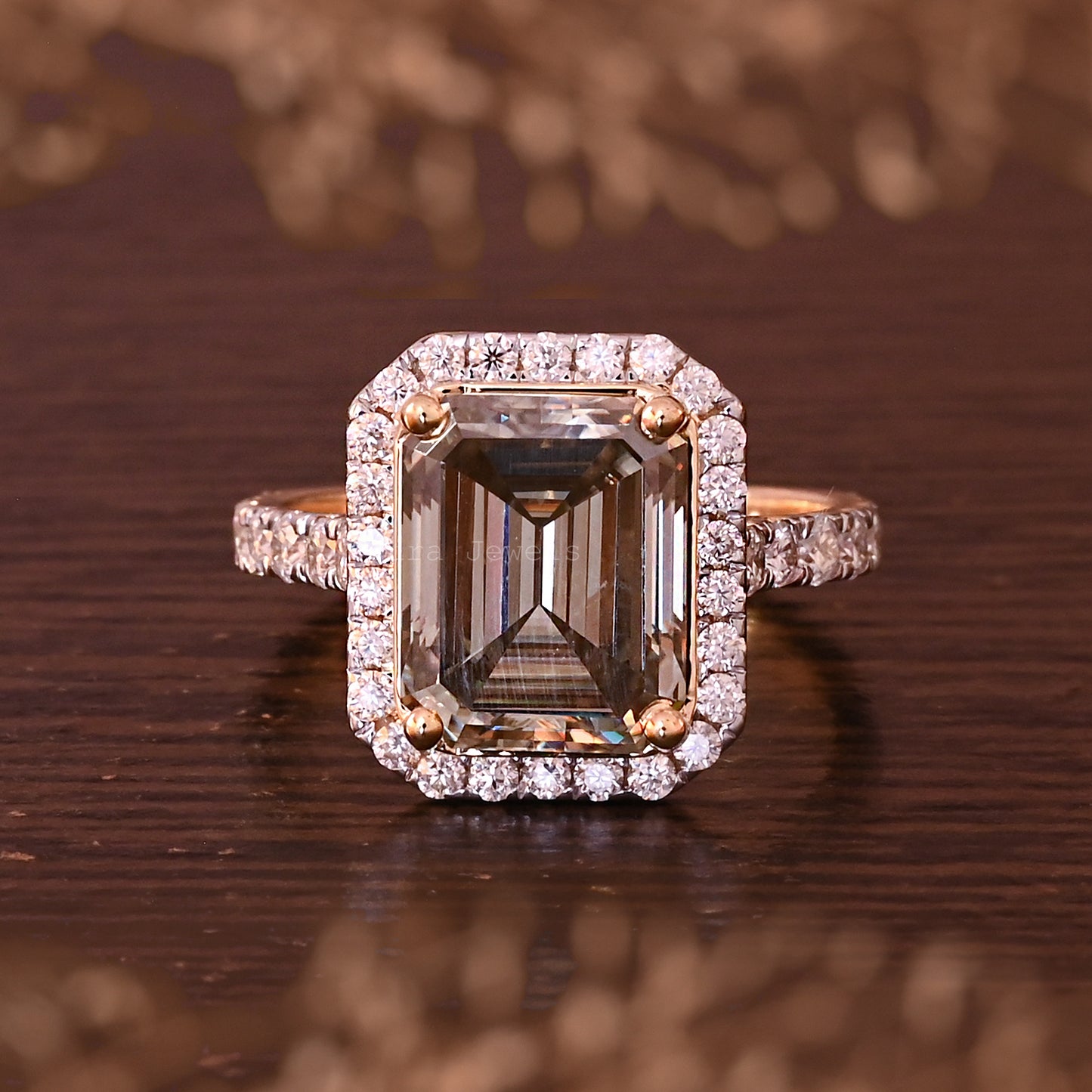 Halo Emerald Cut Moissanite Statement Ring For Her