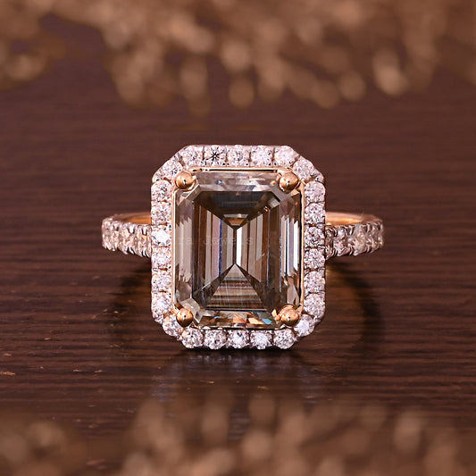 Halo Emerald Cut Moissanite Statement Ring For Her