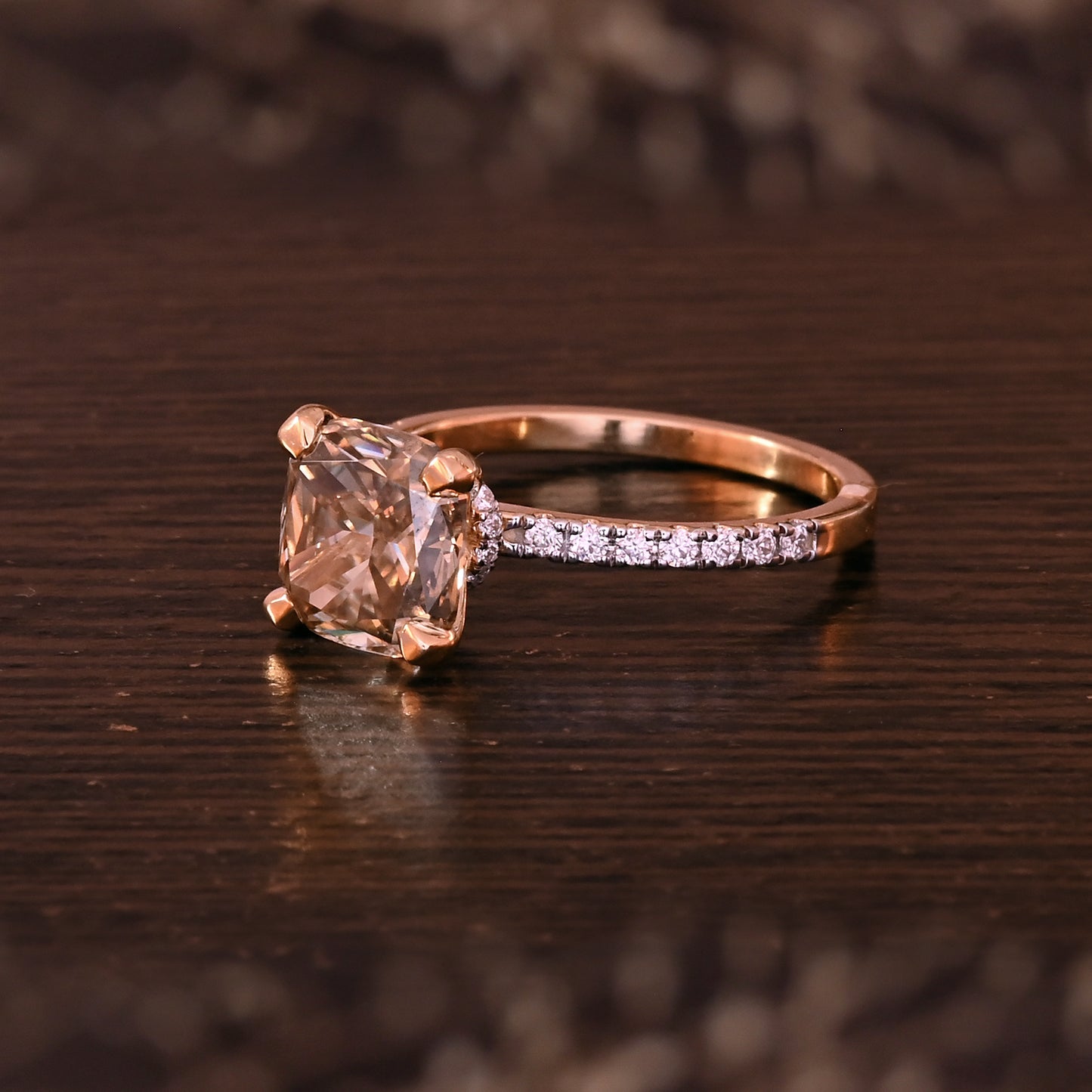 Unique Champange Hidden Halo Cushion Cut Engagement Ring