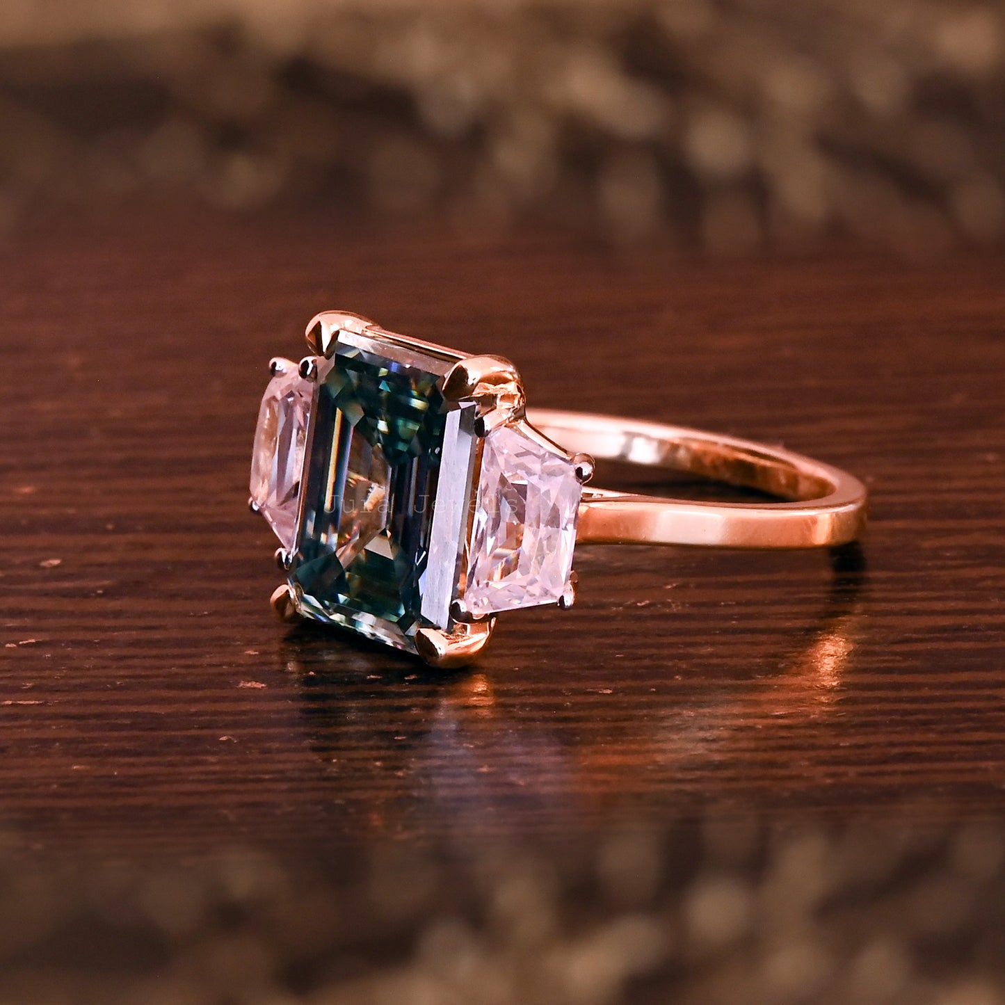 Three Stone Emerald Cut Moissanite Engagement Ring For Her