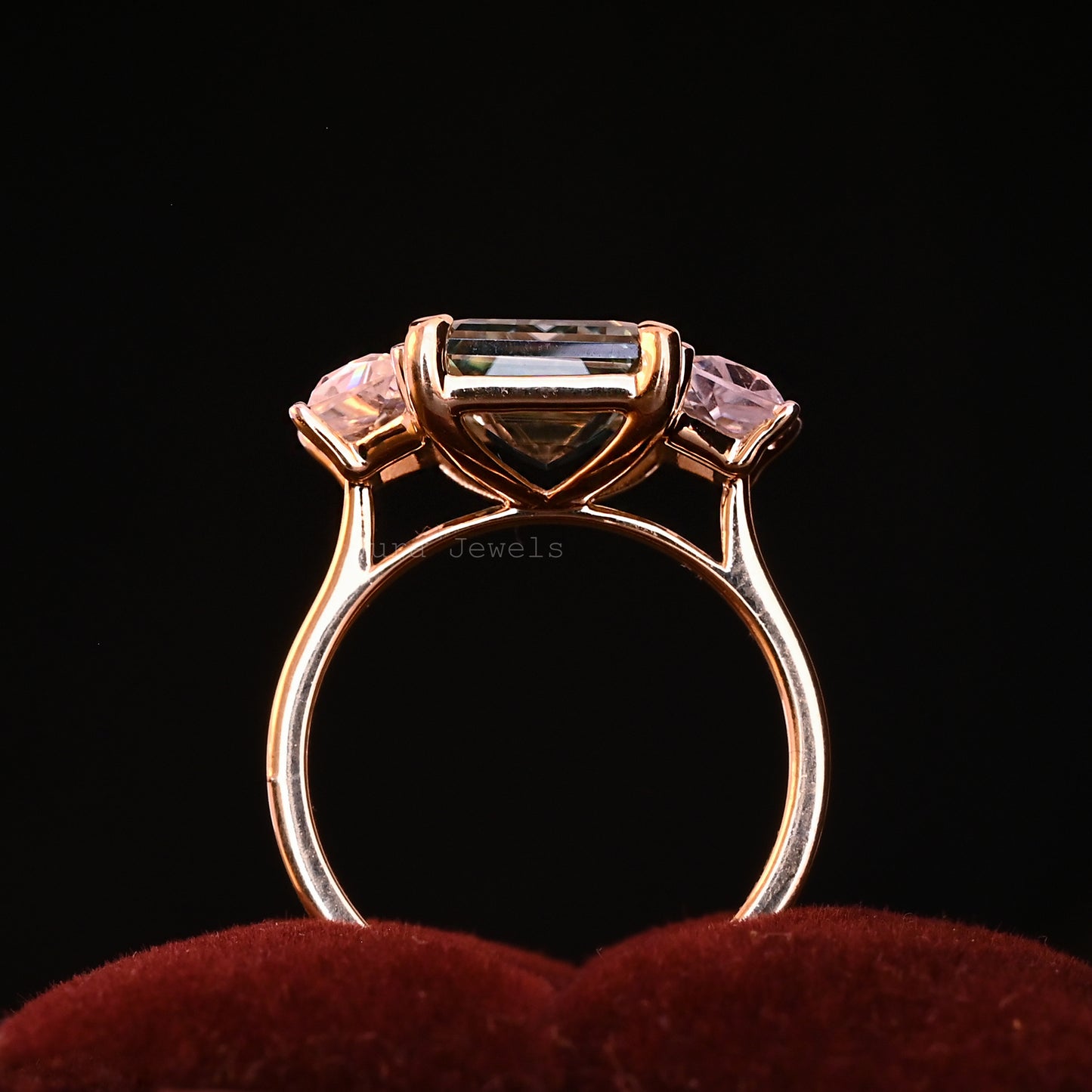 Three Stone Emerald Cut Moissanite Engagement Ring For Her