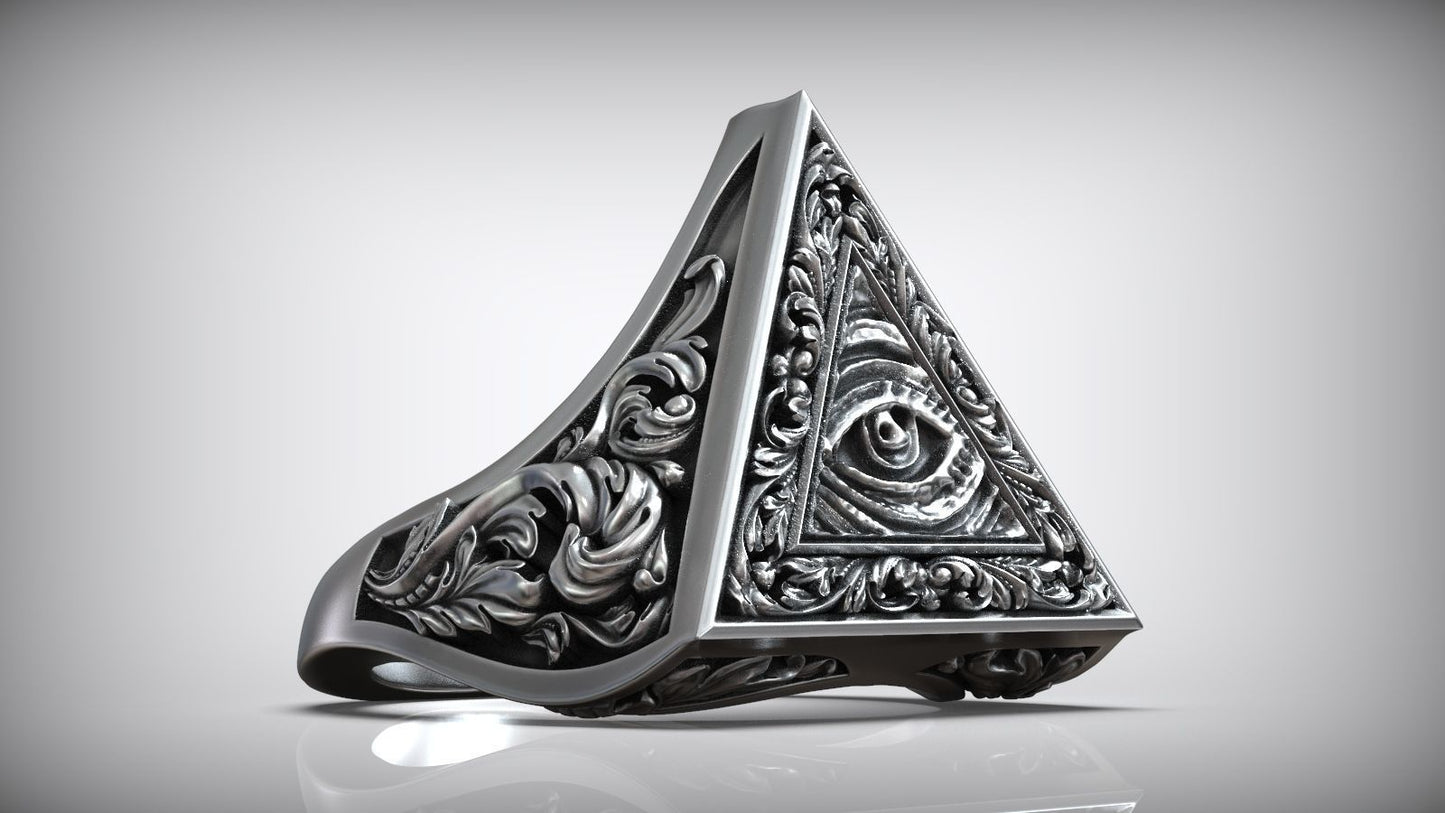 Unique Engraving Eye Of Providence Illuminati Symbol Floral Ring