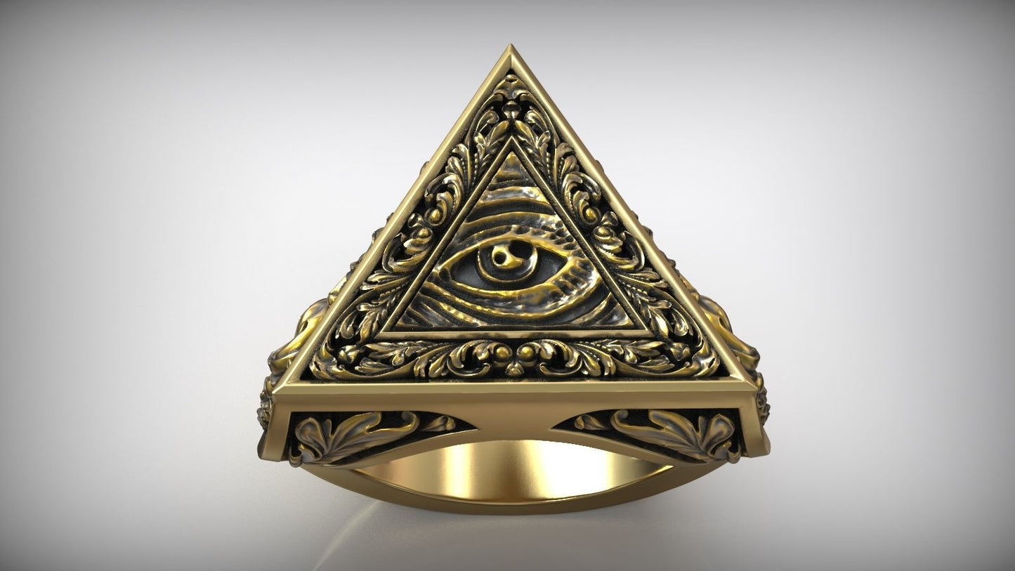 Unique Engraving Eye Of Providence Illuminati Symbol Floral Ring