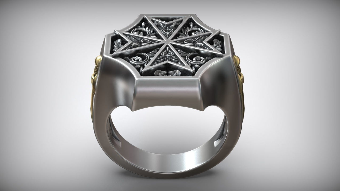 Unique Maltese Cross Sword Signet White Gold Dual Tone Ring