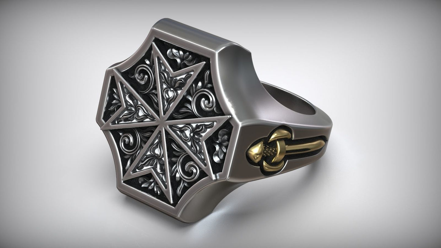 Unique Maltese Cross Sword Signet White Gold Dual Tone Ring