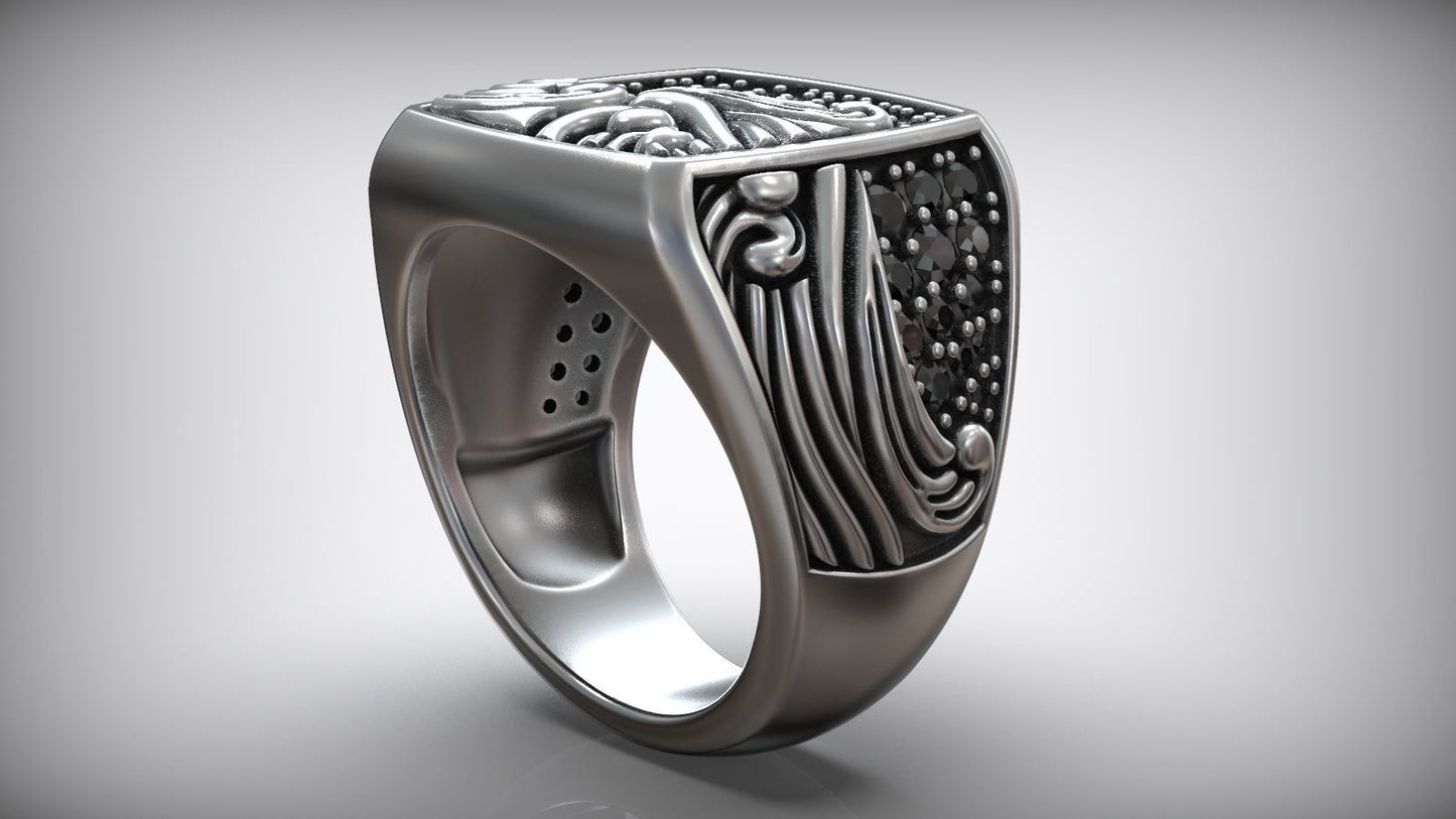 Ocean Waves Black Moissanite Diamond Signet Biker Ring