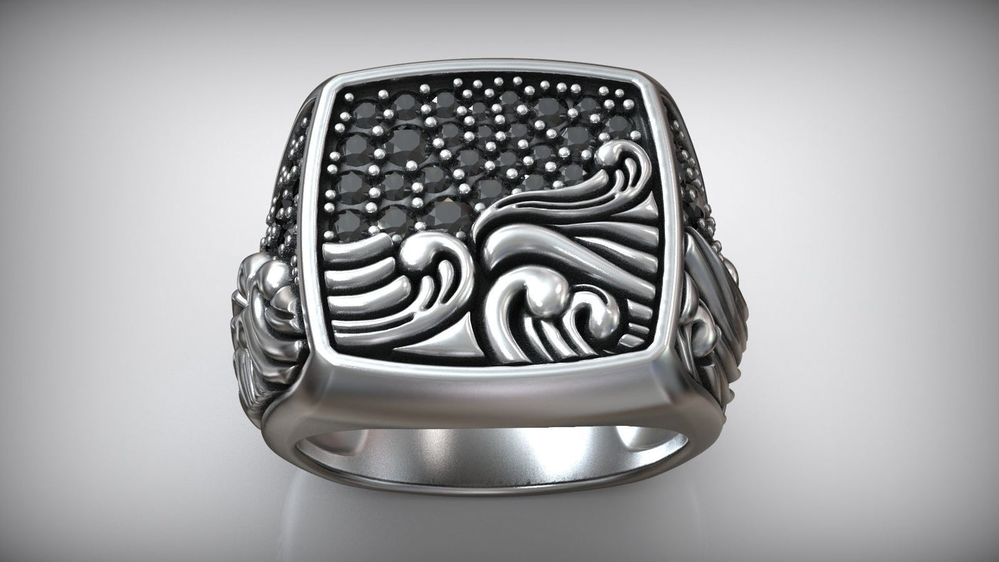 Ocean Waves Black Moissanite Diamond Signet Biker Ring