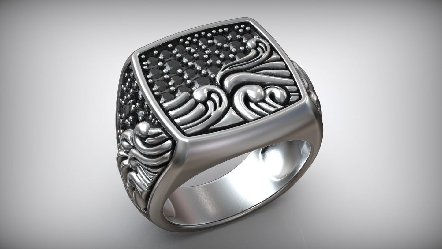 Ocean Waves Black Moissanite Diamond Signet Biker Ring