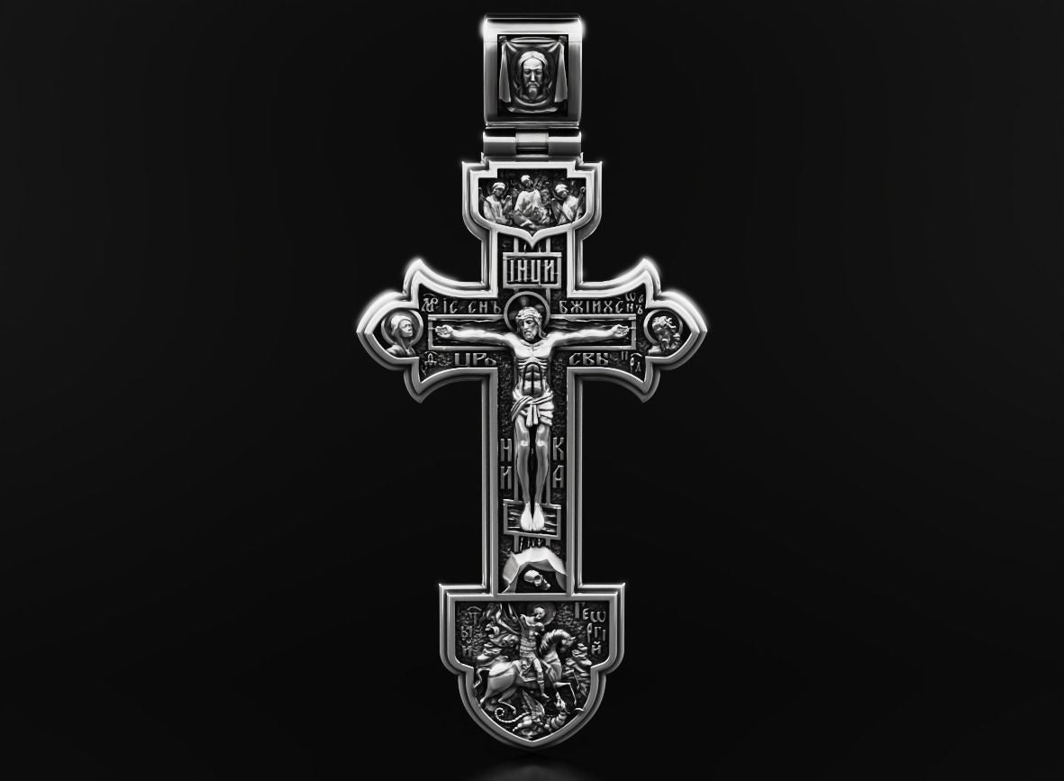 Rare Unique Gold Orthodox Cross With Savior And Saints Pendants