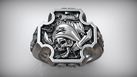 Unique Matching Pirate Skull Jolly Roger Cross Anchor Signet Ring