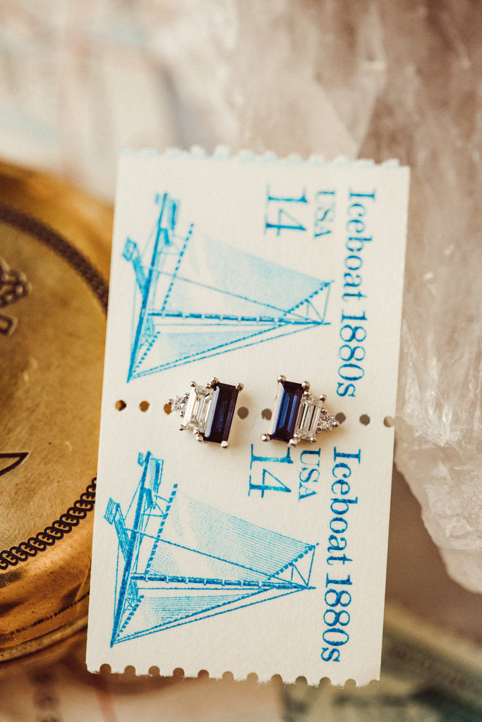 Three Stone Blue Baguette Moissanite Engagement Stud Earring For Wify