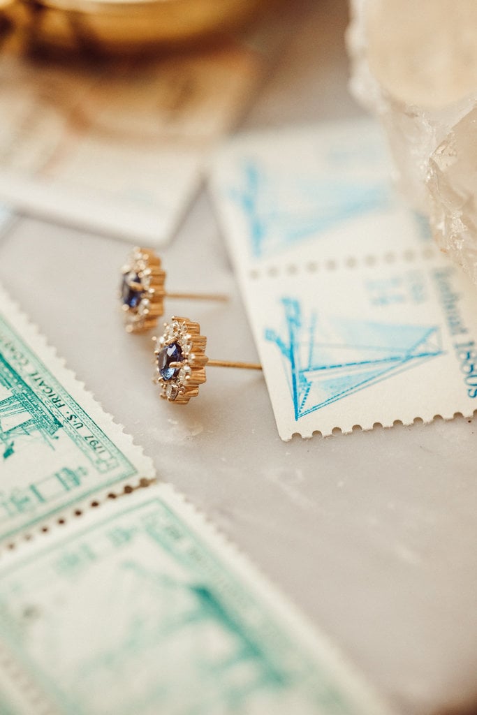 Halo Blue Round Cut Moissanite Engagement Stud Earrings