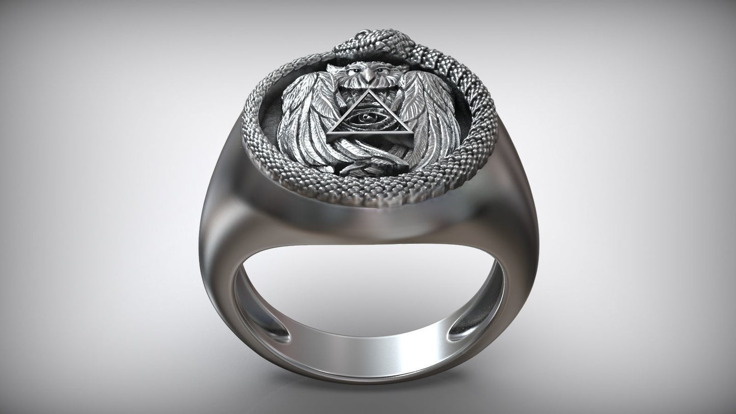 Snake Ouroboros Owl Eye Of Providence Masonic Ring