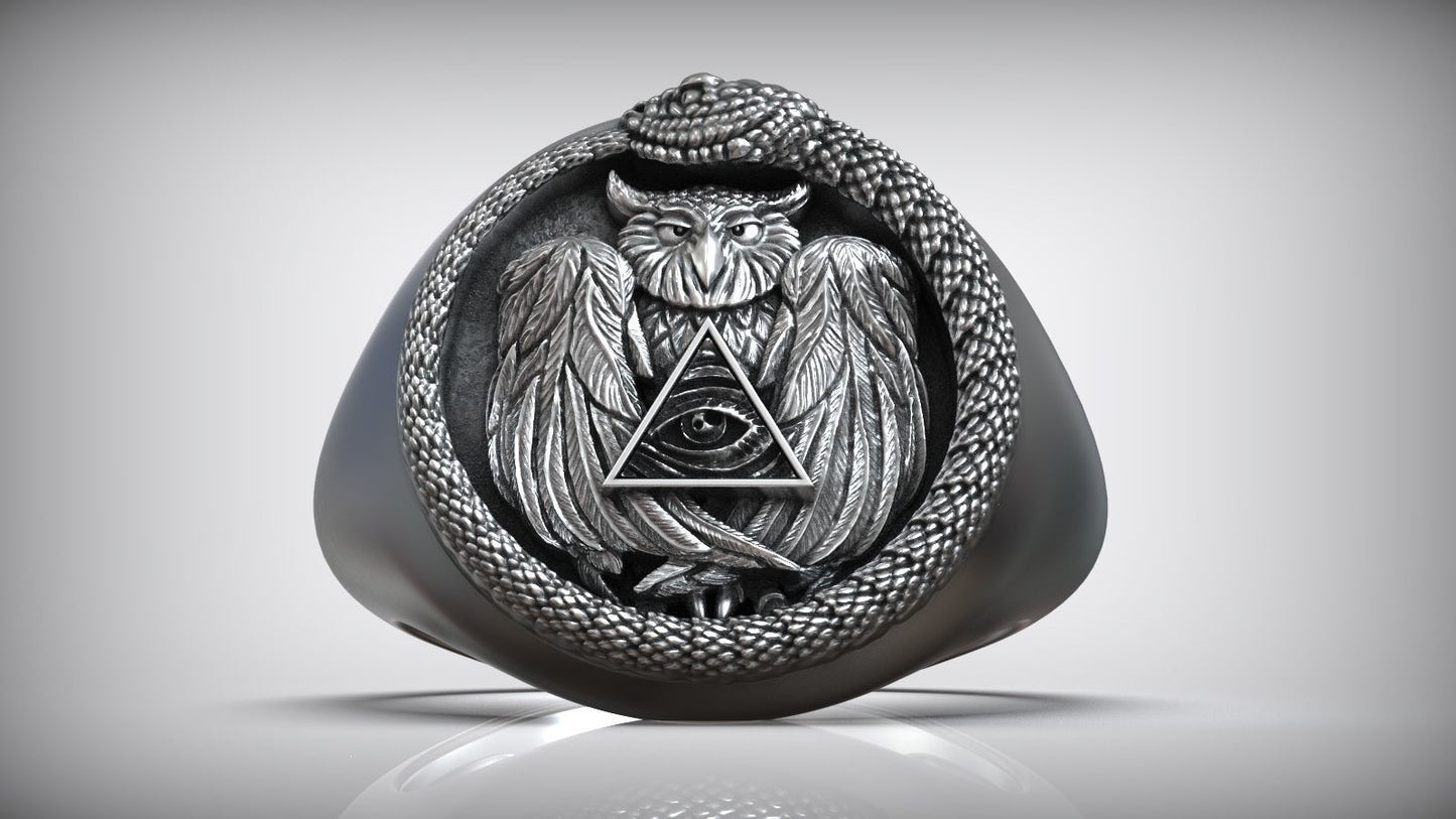 Snake Ouroboros Owl Eye Of Providence Masonic Ring