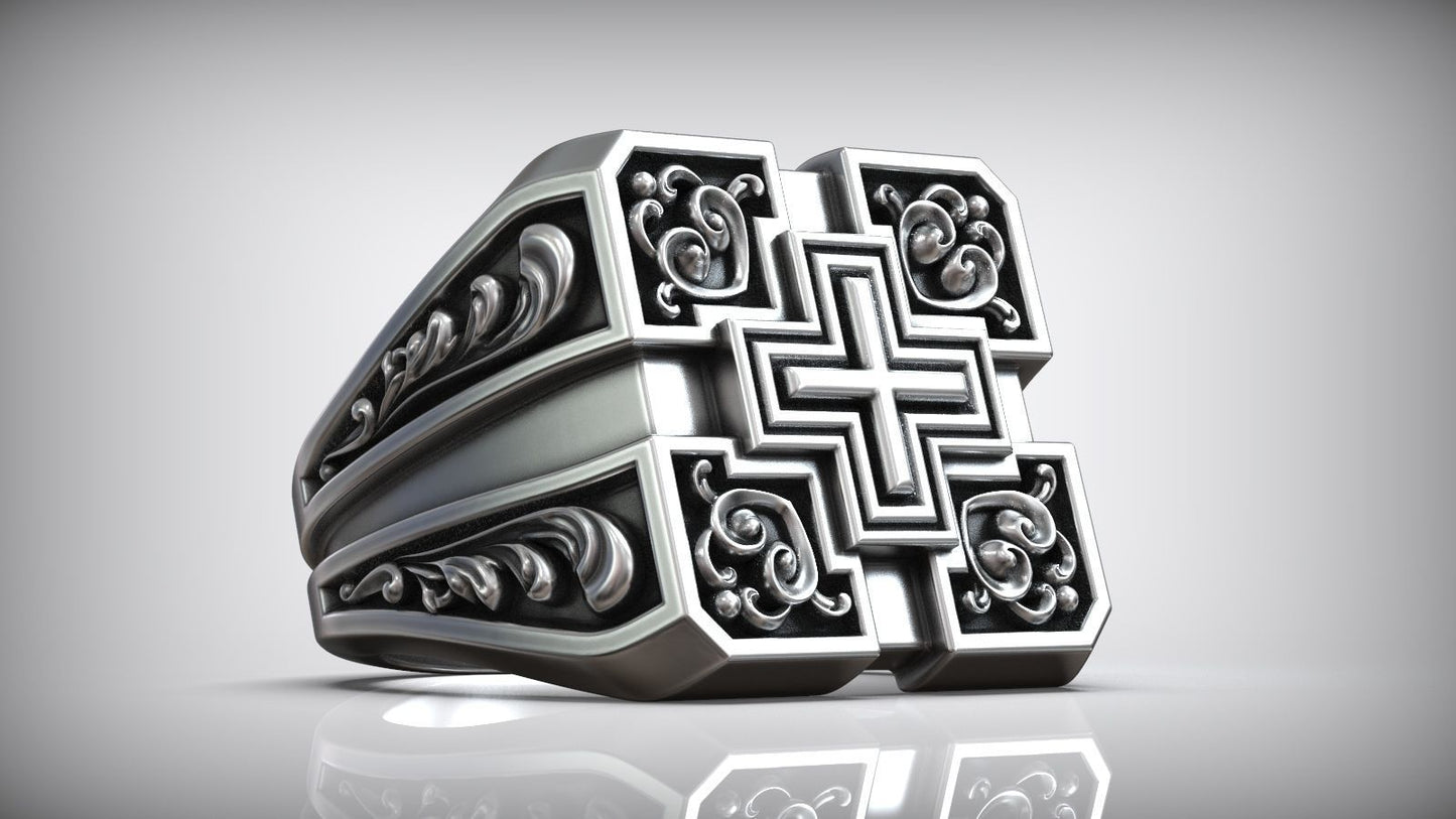 Unique Engraving Square Cross Pattern Sterling Silver Signet Ring