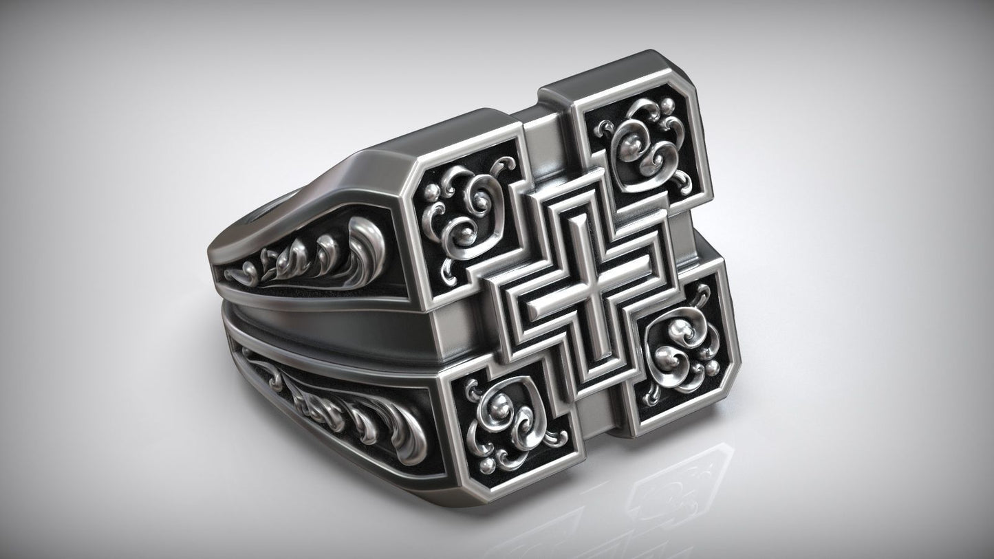 Unique Engraving Square Cross Pattern Sterling Silver Signet Ring