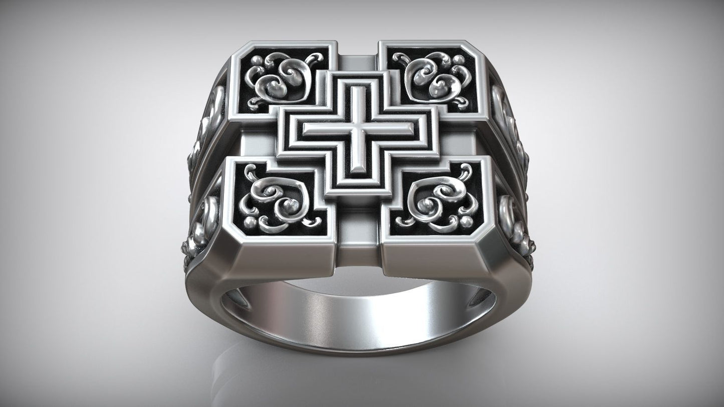 Unique Engraving Square Cross Pattern Sterling Silver Signet Ring