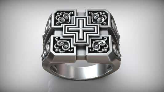 Unique Engraving Square Cross Pattern Sterling Silver Signet Ring