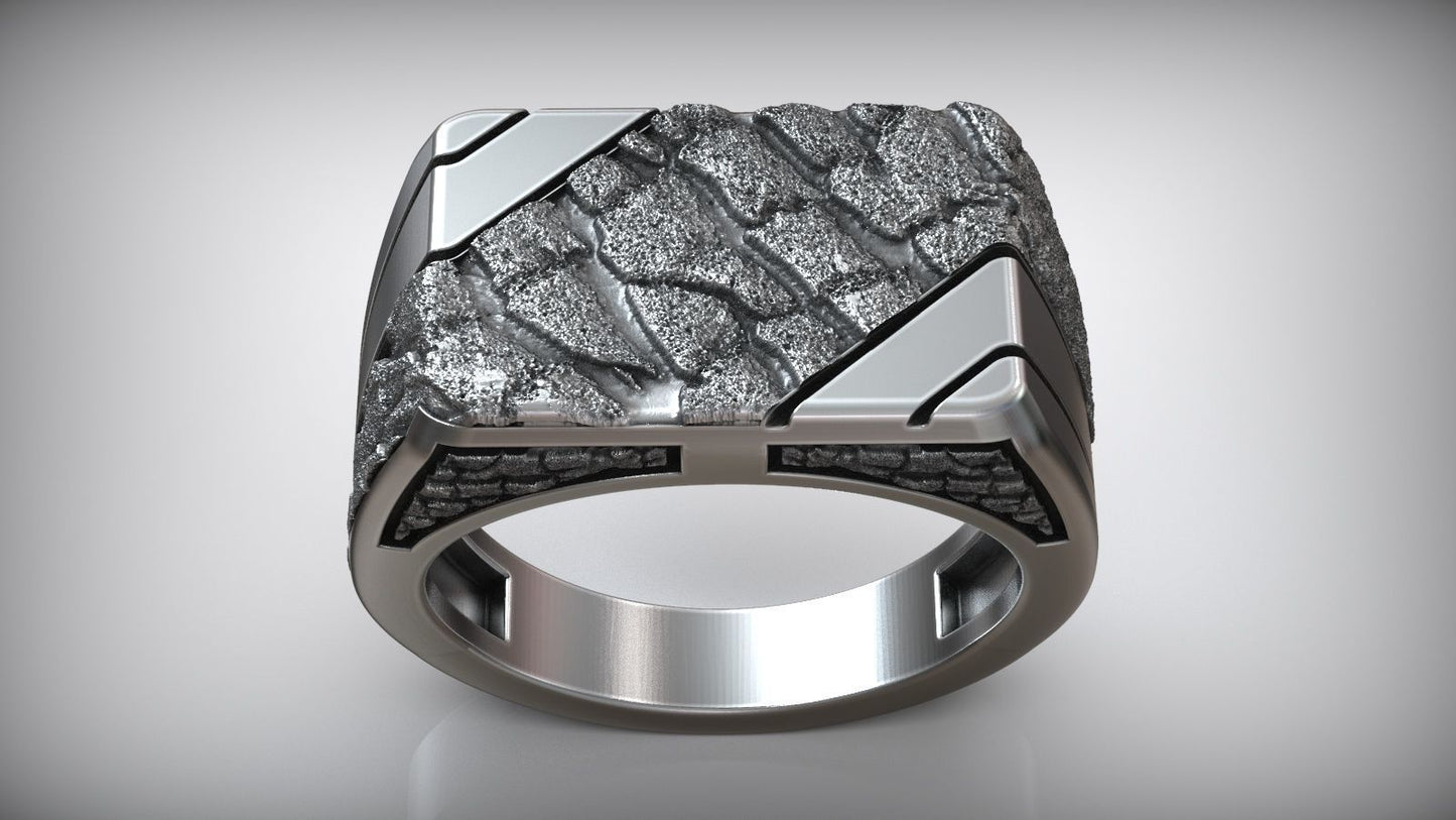 Handmade Stone Rock Pattern Signet Men Sterling Silver Ring