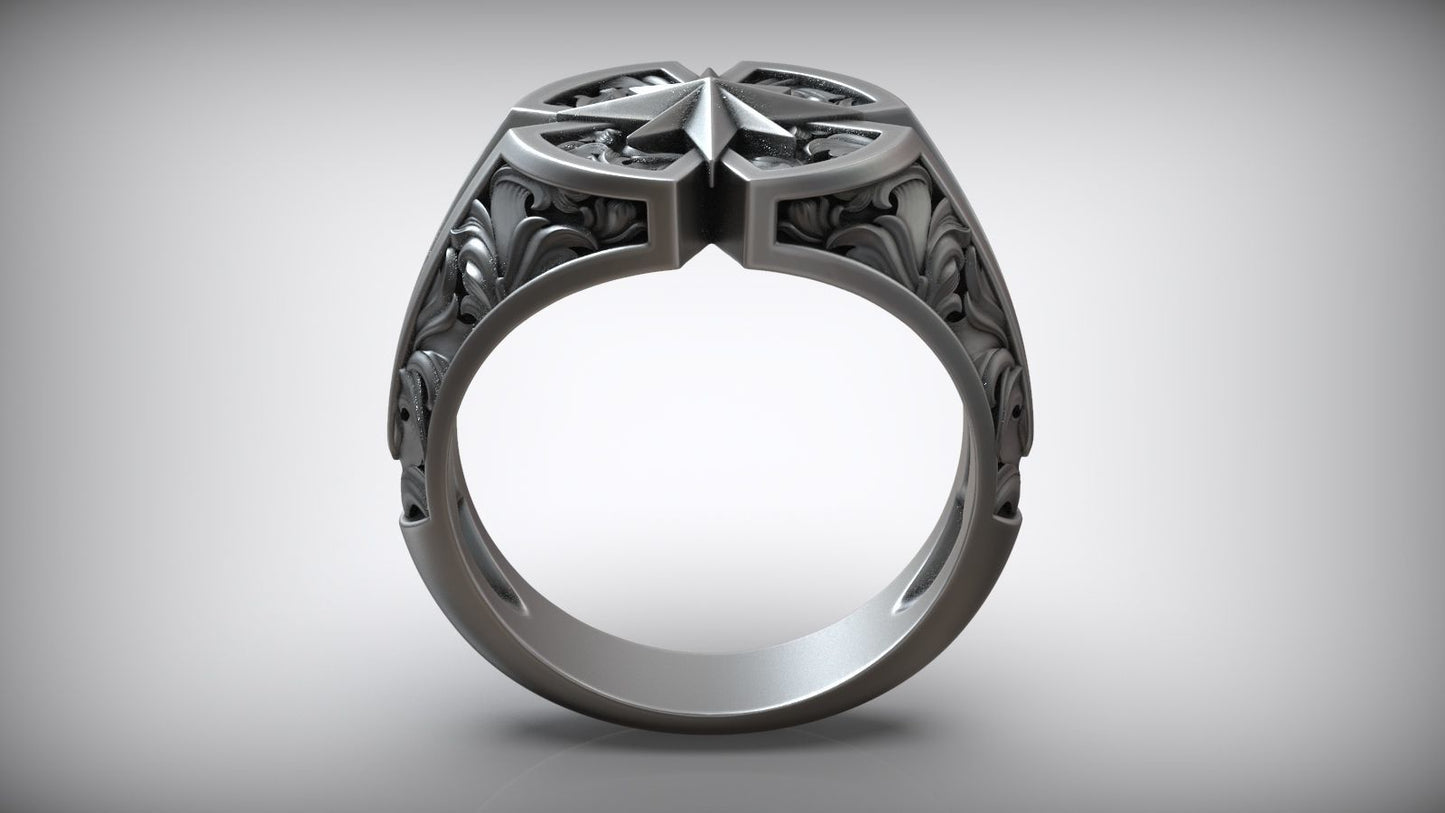 Wind Rose Star Compass Traveler Pattern Signet Ring