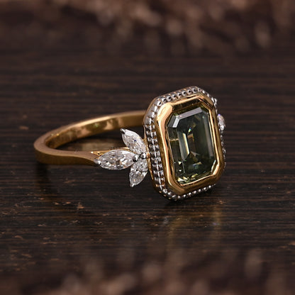 Bezel Green Emerald Cut Moissanite Engagement Ring