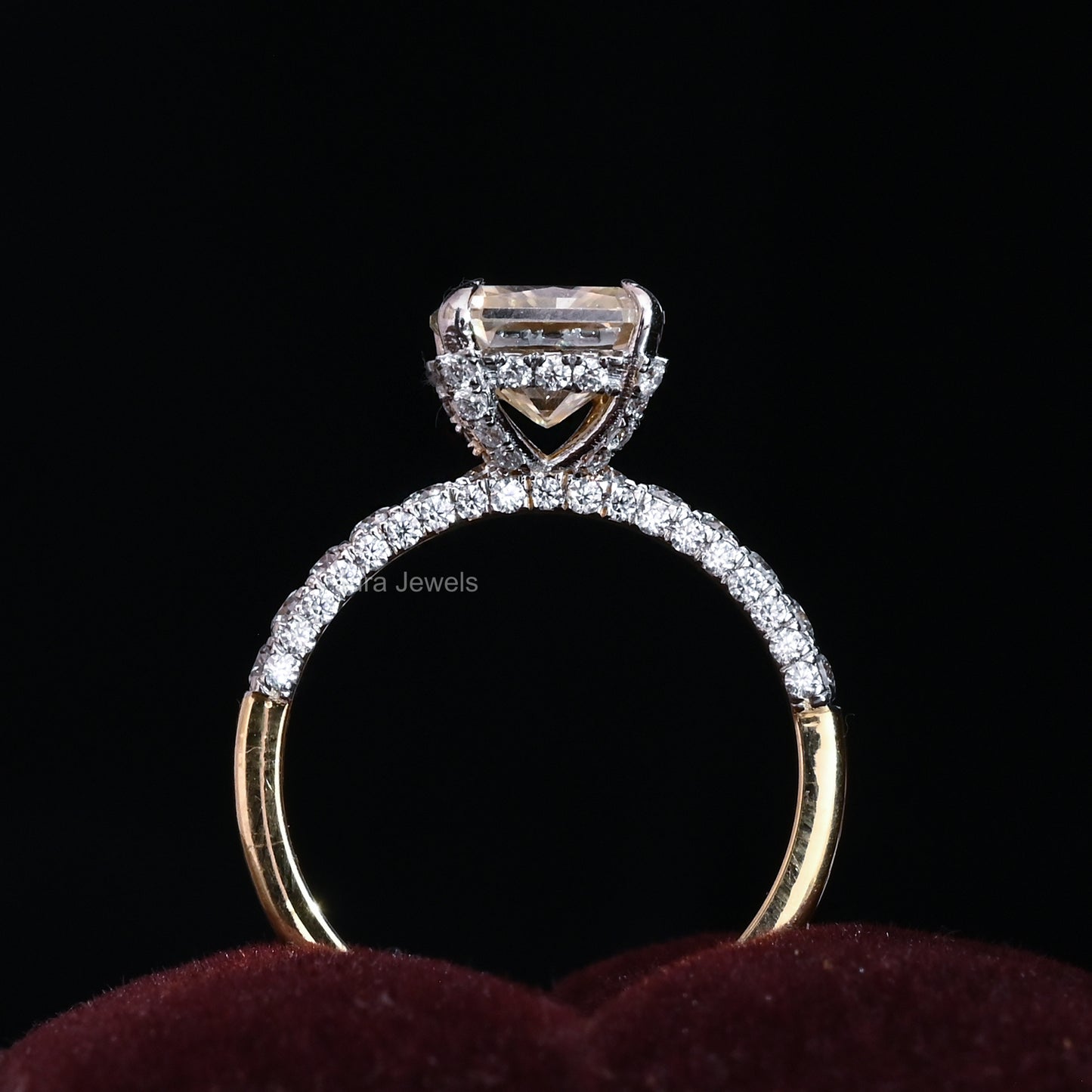 HIdden Halo Lemon Yellow Cushion Cut Moissanite Engagement Ring