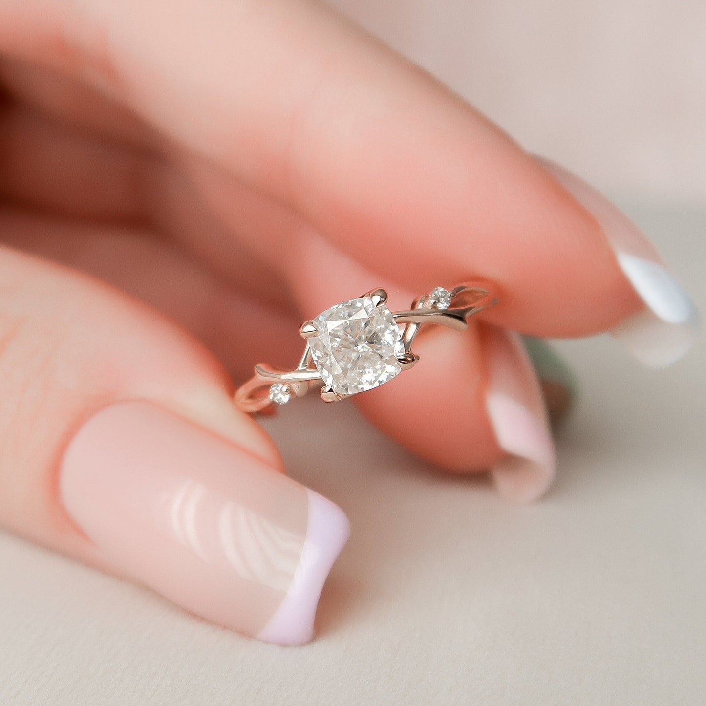 Cushion Cut Twig Branch Moissanite Engagement Ring
