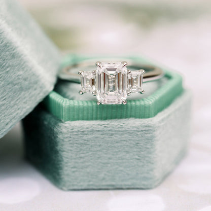 Three Stone Emerald Cut Moissanite Engagement Ring For Her