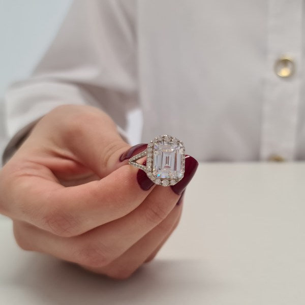 Halo Emerald Cut Moissanite Split Anniversary Ring For Her