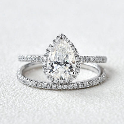 Halo Pear Cut Moissanite Bridal Set Engagement Ring For Her